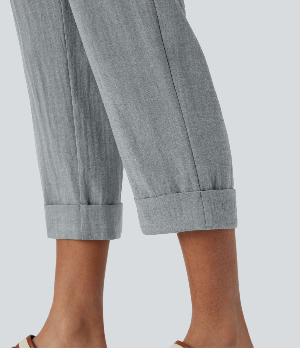 Pantalon capri effet lin taille haute avec poches zippées