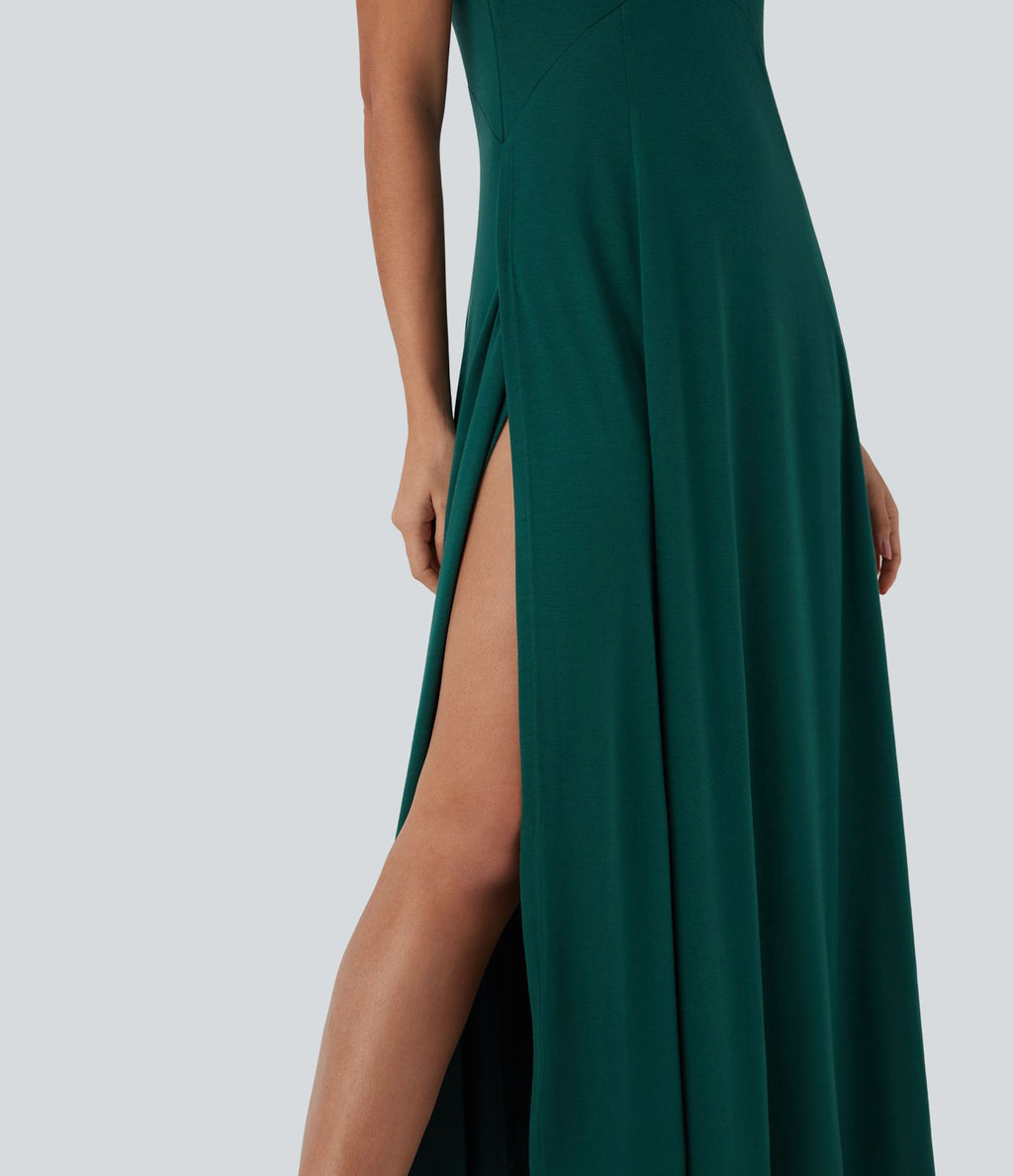 Robe longue à bretelles avec col U, dos nu, fente et coupe fluide
