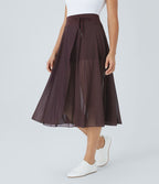 Jupe Casual Évasée Mesh Mi-Longue Fuide 2 en 1 Contrastée Taille Haute Cordon Poche Latérale