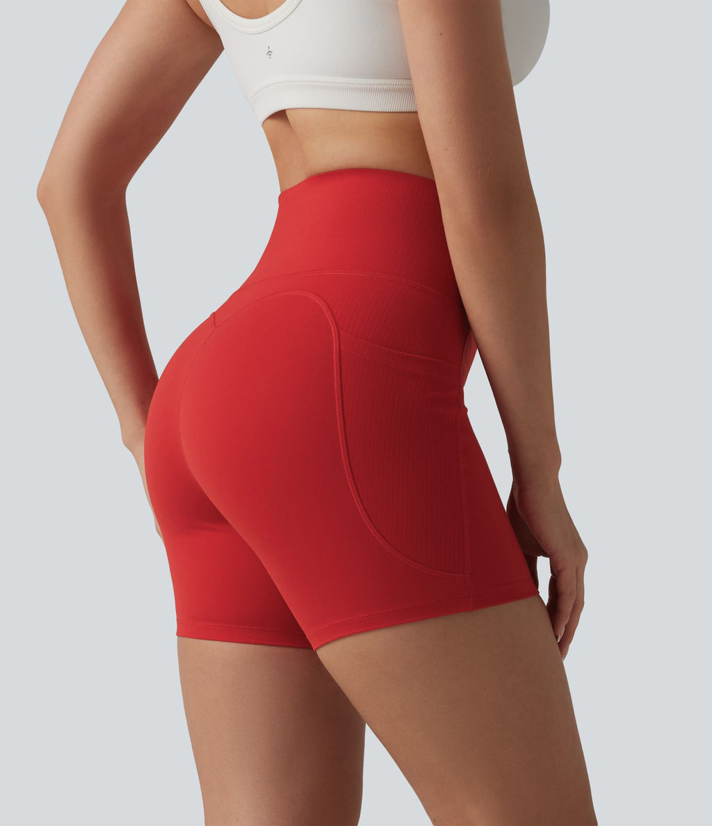 Short cycliste de yoga Halara UltraSculpt™ taille haute, ventre plat, côtelé contrasté, 12,5 cm, avec poches
