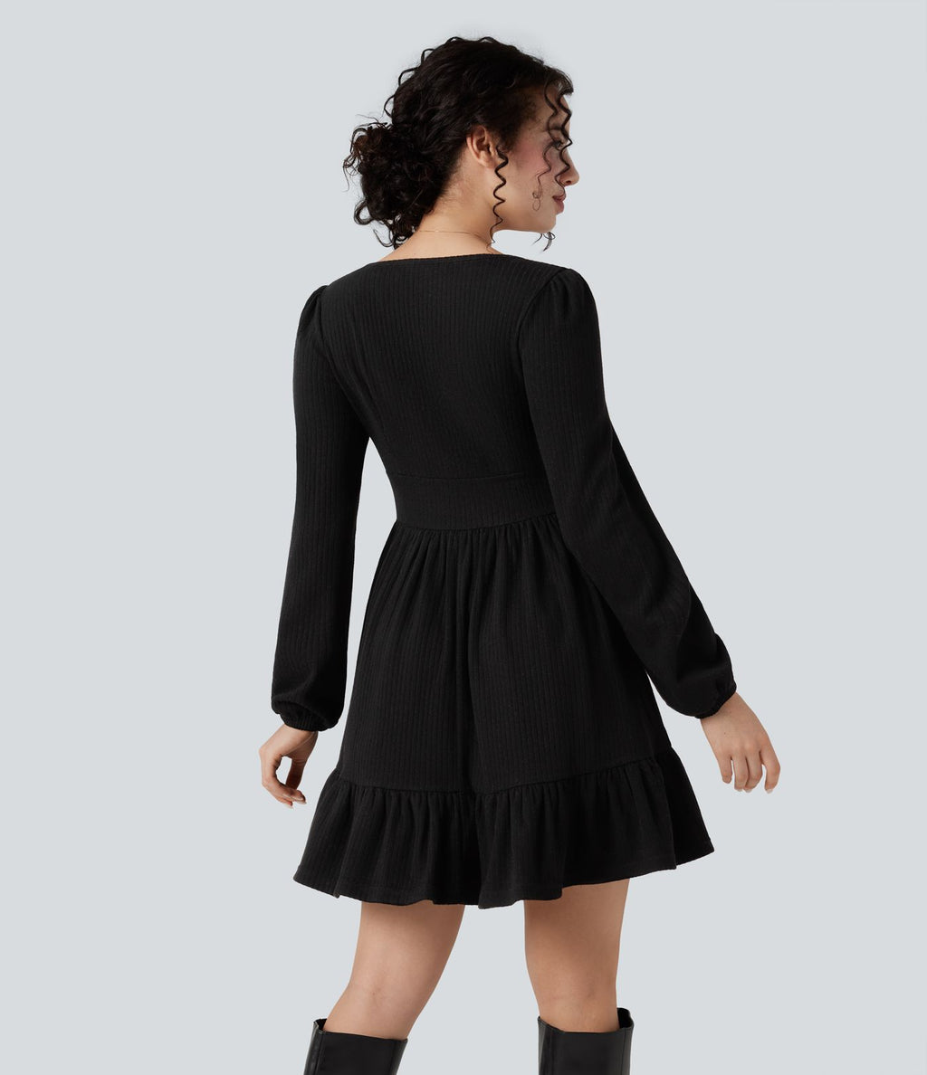 Robe mini côtelée col V volants manches longues