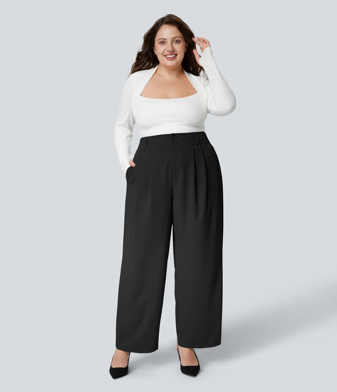 Pantalon Tailleur Droite Taille Haute Boutonnés Fermeture Éclair Plissé Poches Latérales Froncé Grande Taille