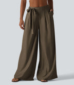 Pantalon large fluide taille haute en lin mélangé avec poches et liens latéraux