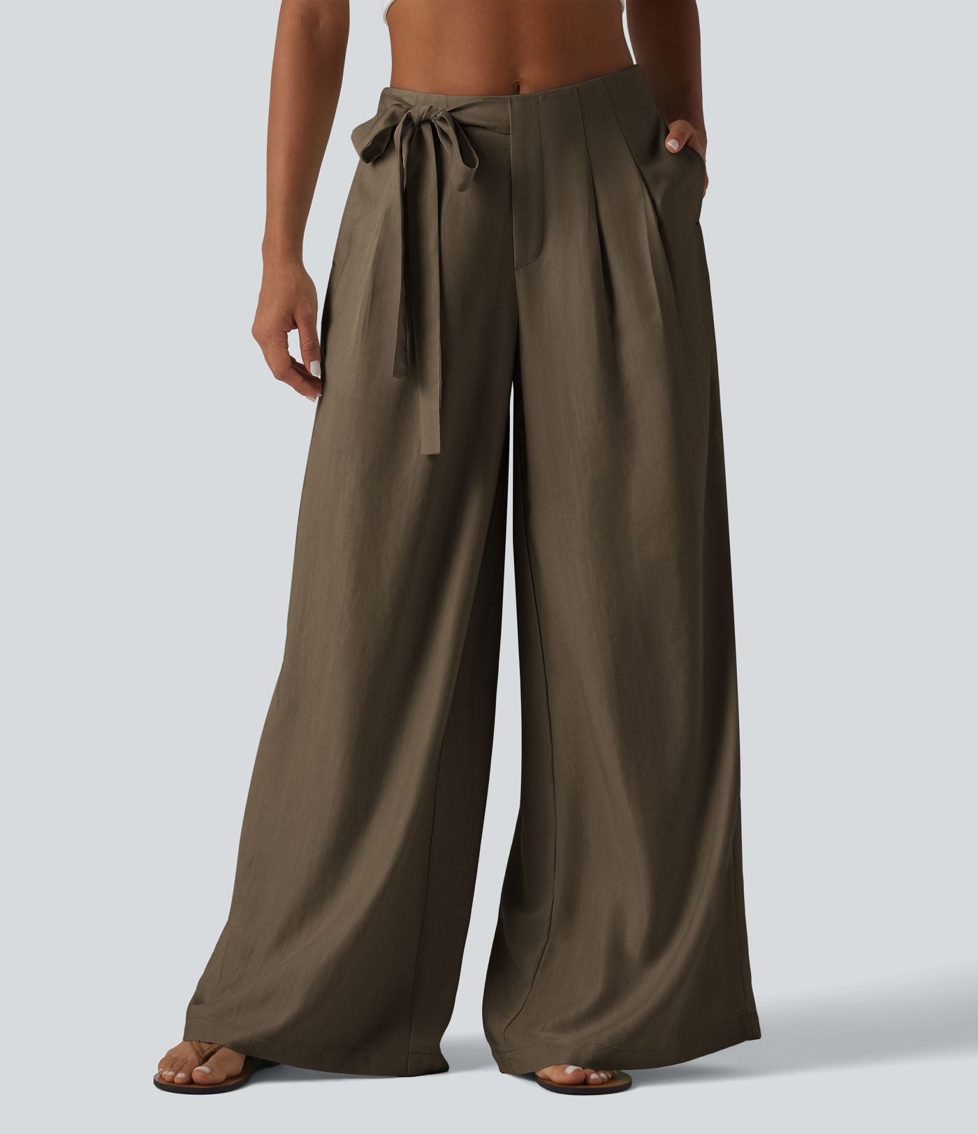 Pantalon large fluide taille haute en lin mélangé avec poches et liens latéraux