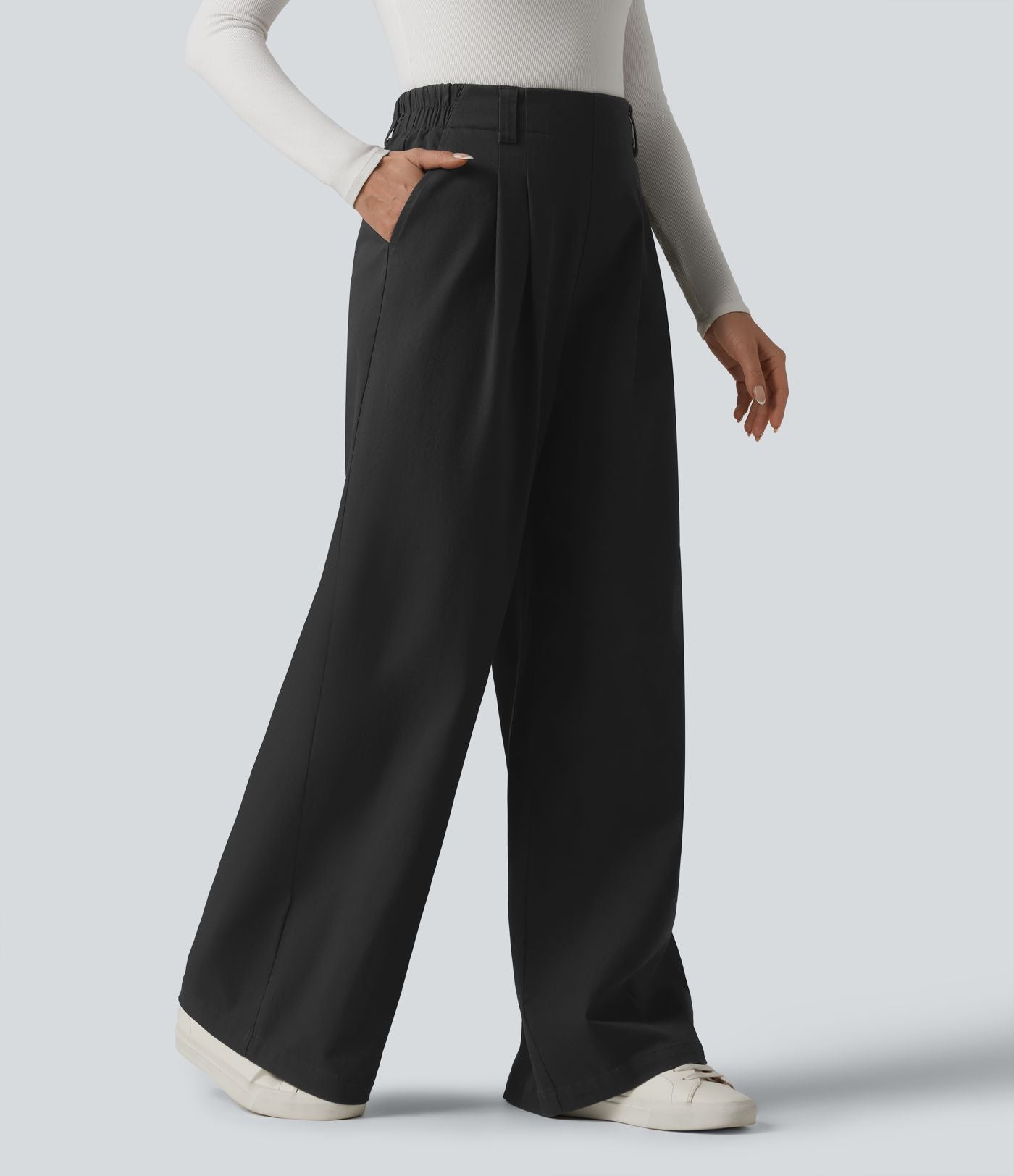 Pantalon chino de travail ample taille haute en coton avec poches