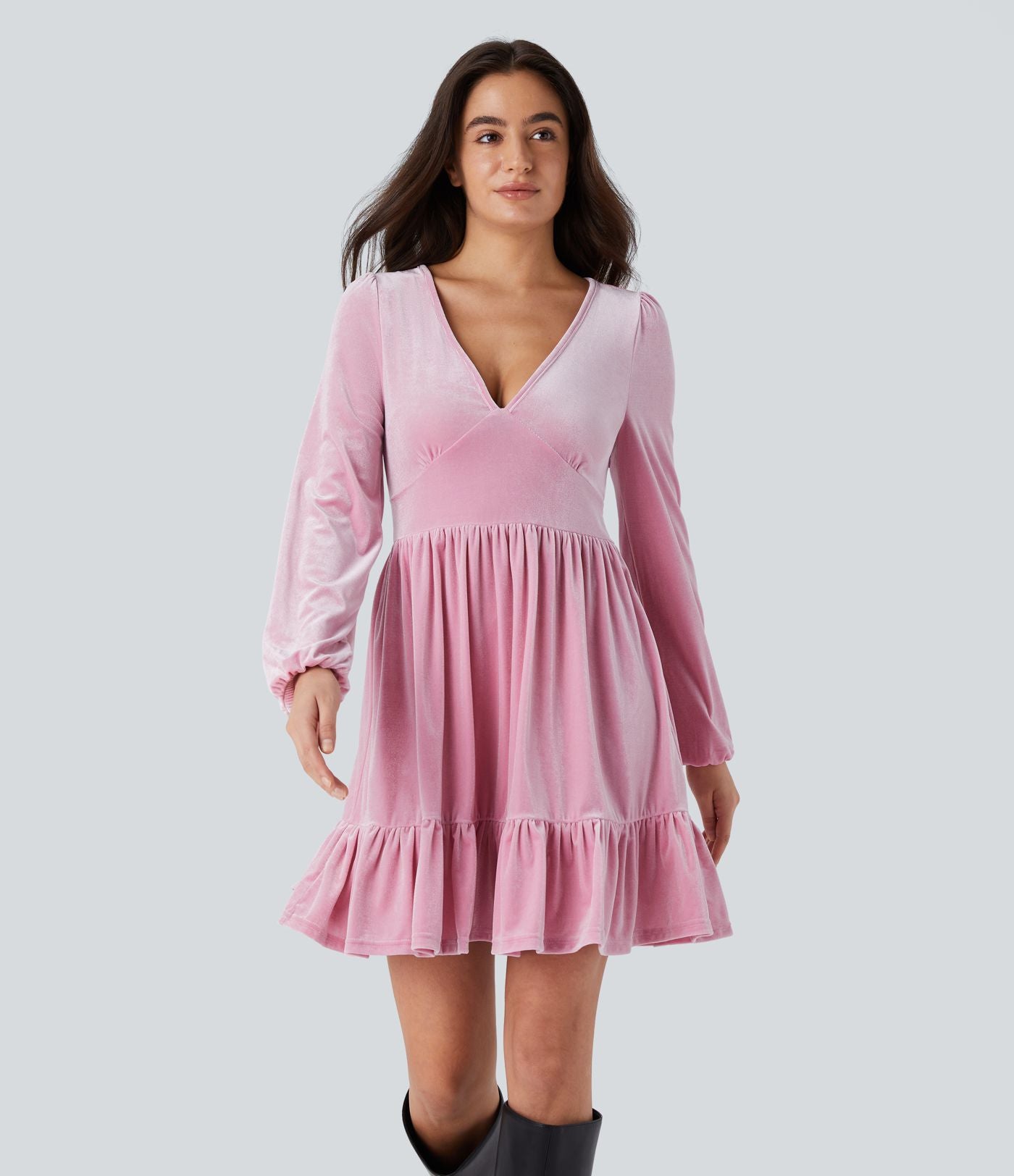 Quotidien Robe de Soirée Mini en Velours à Encolure en V Profond et Ourlet Volanté