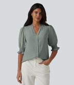 Blouse décontractée à col en V et manches courtes bouffantes