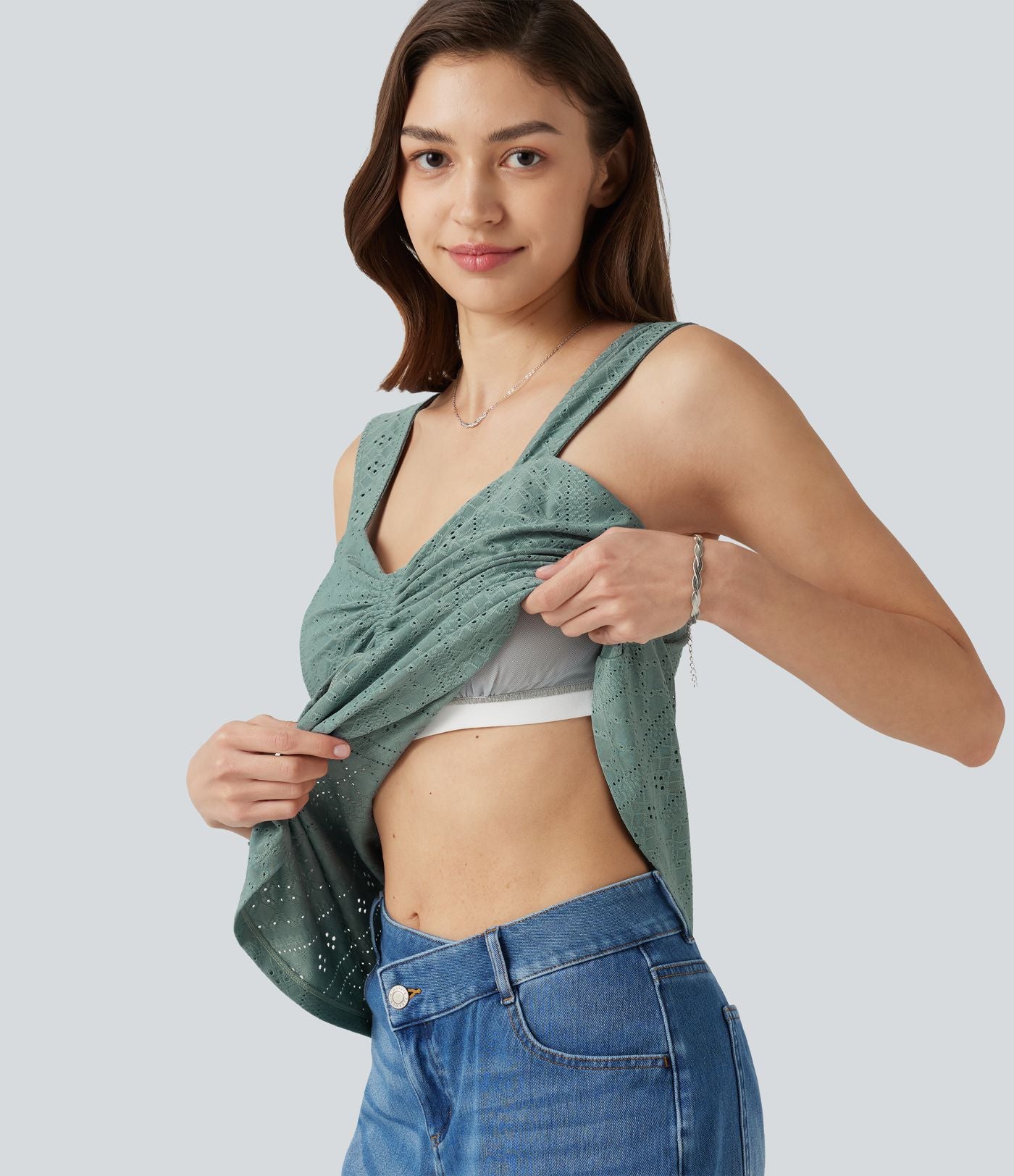 Débardeur décontracté froncé avec cordon de serrage, broderie anglaise et soutien-gorge intégré