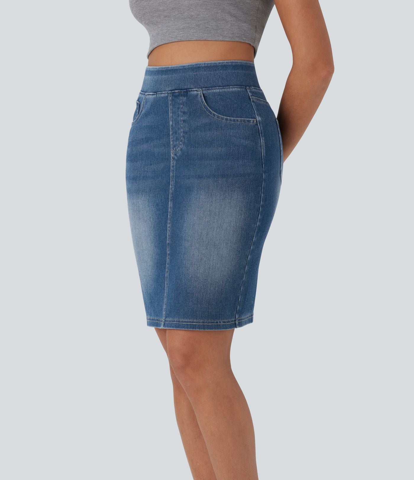 Halara Flex™ Jupe en Jean décontractée stretch délavé à taille haute, multiples poches et fente latérale