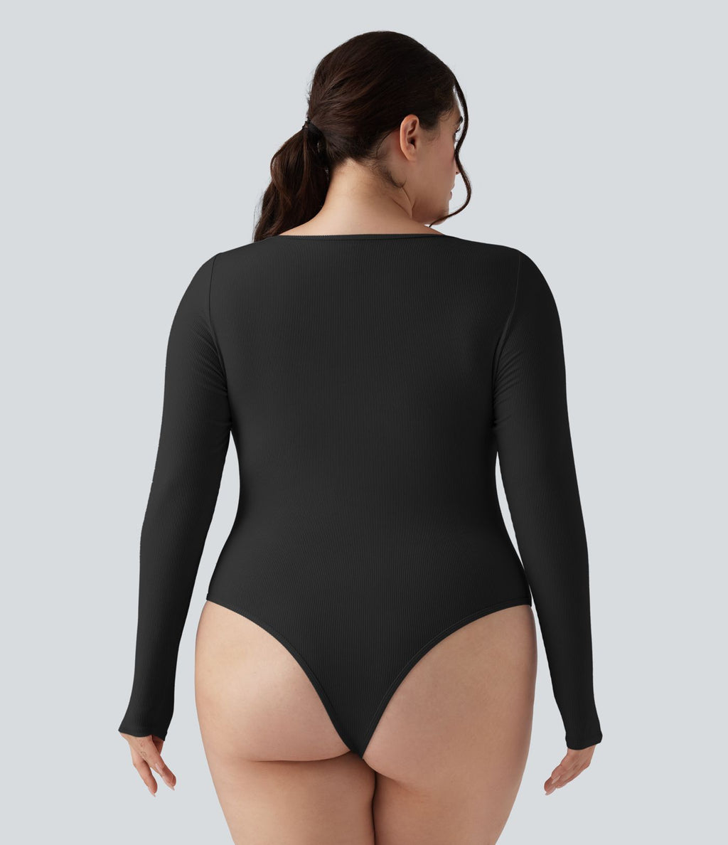 Body grande taille maille côtelée col carré manches longues ajusté