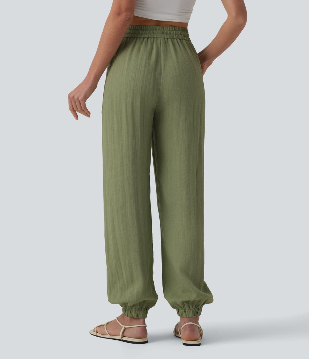 Jogging casual large ample taille haute aspect lin à cordon de serrage avec poches