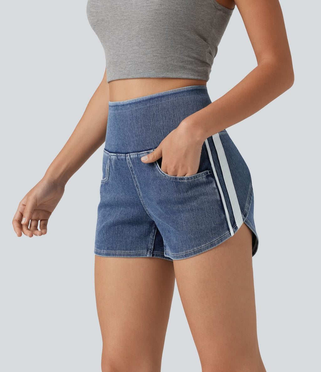 Short en jean rayé taille haute Halara Flex™ avec ourlet arrondi et poches