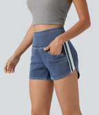 Short en jean rayé taille haute Halara Flex™ avec ourlet arrondi et poches