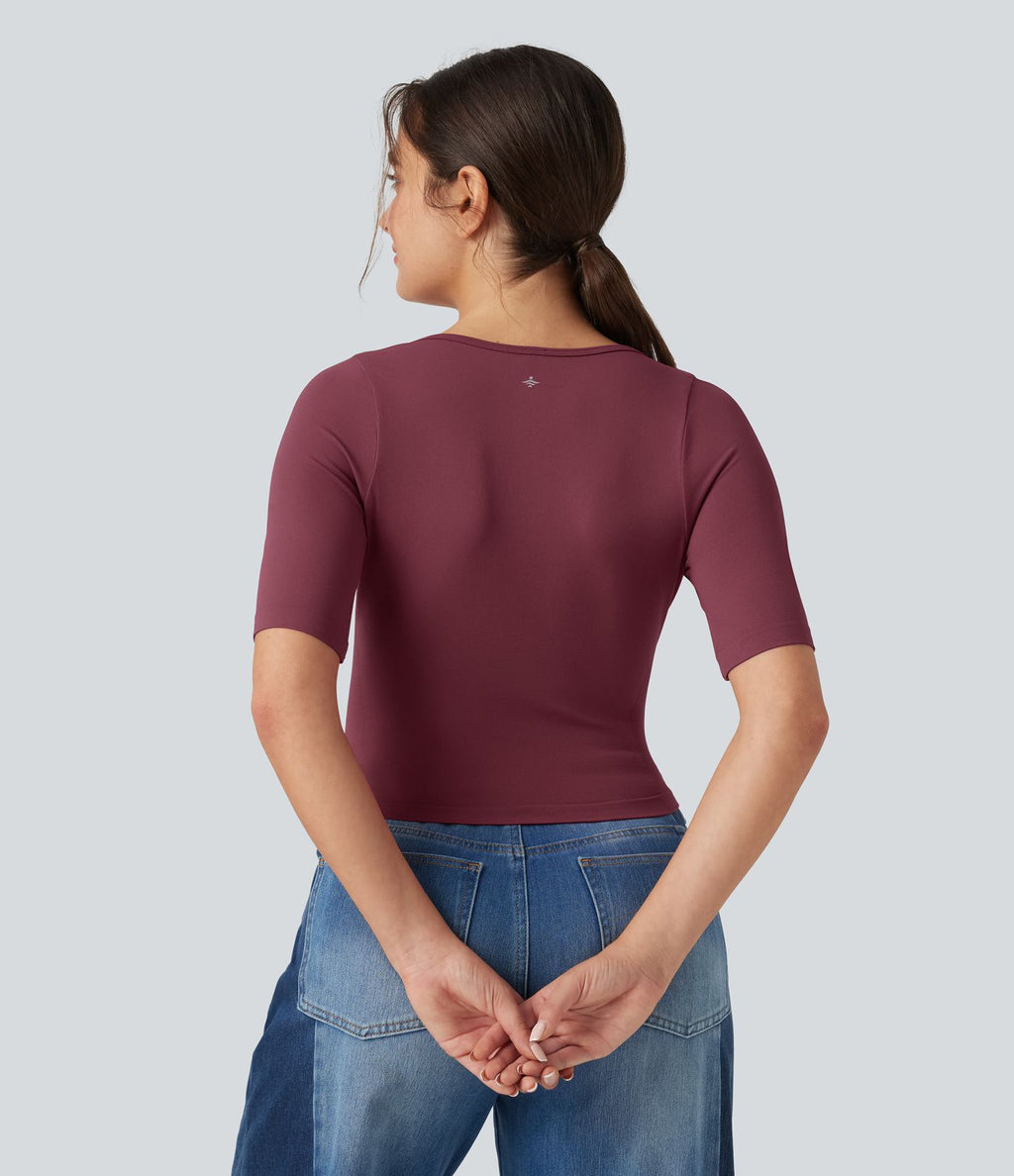 Haut de sport yoga OneForm sans couture Flow col rond échancré manches courtes