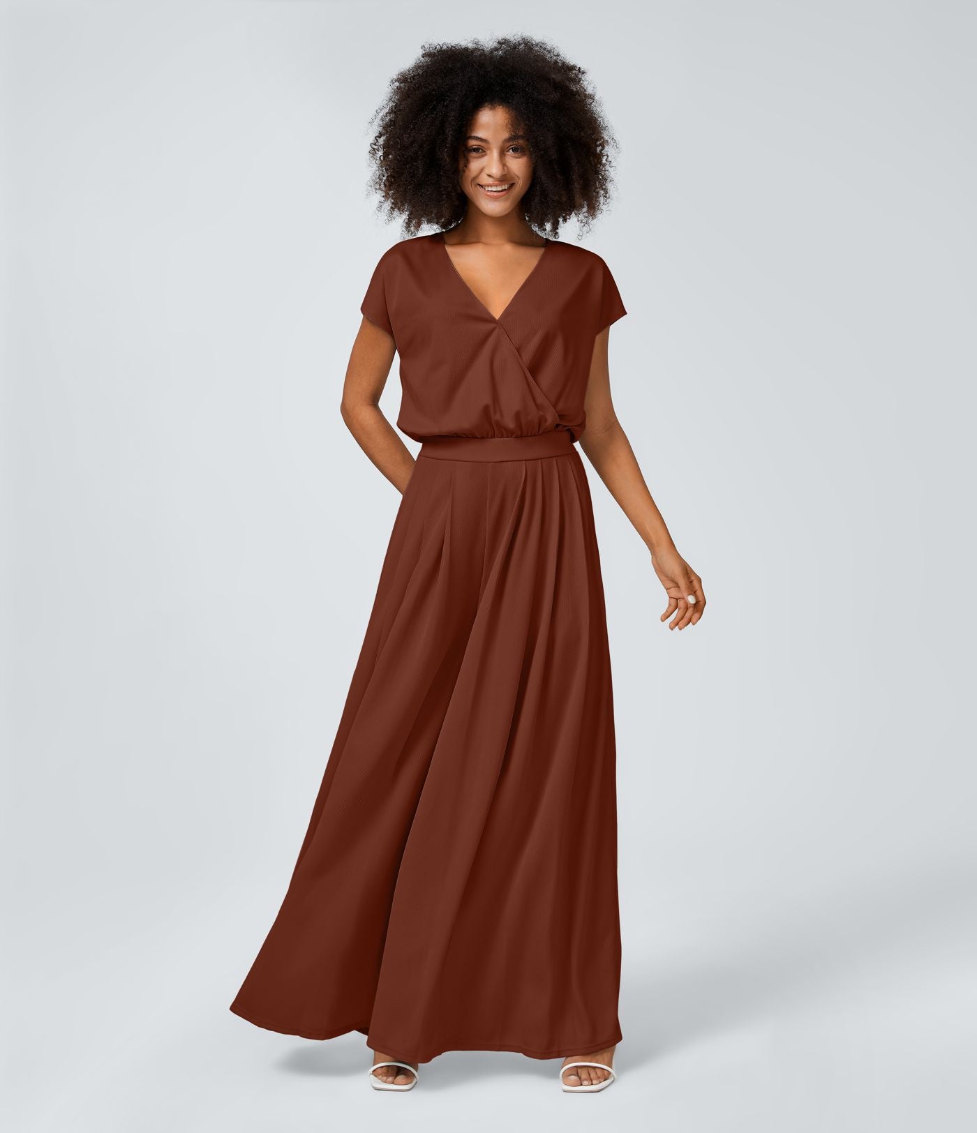 Combinaison Casual Col en V Jambes Large Plissée Manches Courtes Poche Latérale Gaufrée Fluide