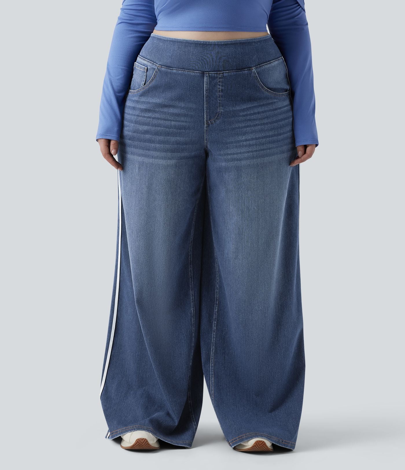 Halara Flex™ Jean large fluide taille haute à rayures délavé décontracté grande taille avec poches