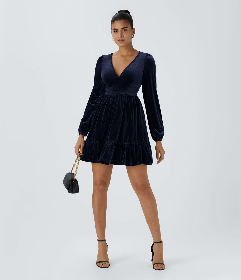 Quotidien Robe de Soirée Mini en Velours à Encolure en V Profond et Ourlet Volanté