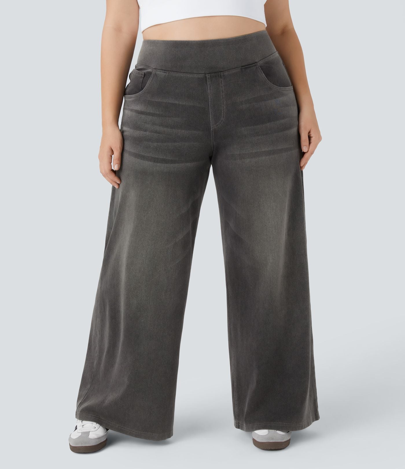 Halara Flex™ Jeans Larges Casual Taille Haute Multiples Poches Lavés Élastiques et Tricotés Grande Taille