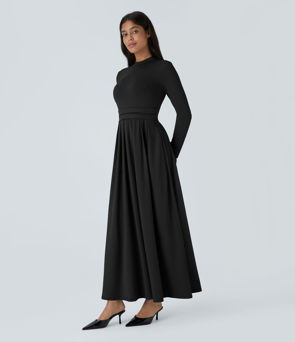 Robe longue décontractée à col montant, manches longues, plissée, avec poches latérales et coupe évasée