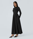Robe longue décontractée à col montant, manches longues, plissée, avec poches latérales et coupe évasée