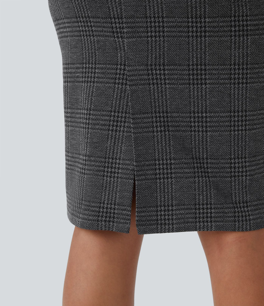 Jupe crayon de travail à taille haute, fente et motif pied-de-poule et carreaux