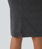 Jupe crayon de travail à taille haute, fente et motif pied-de-poule et carreaux