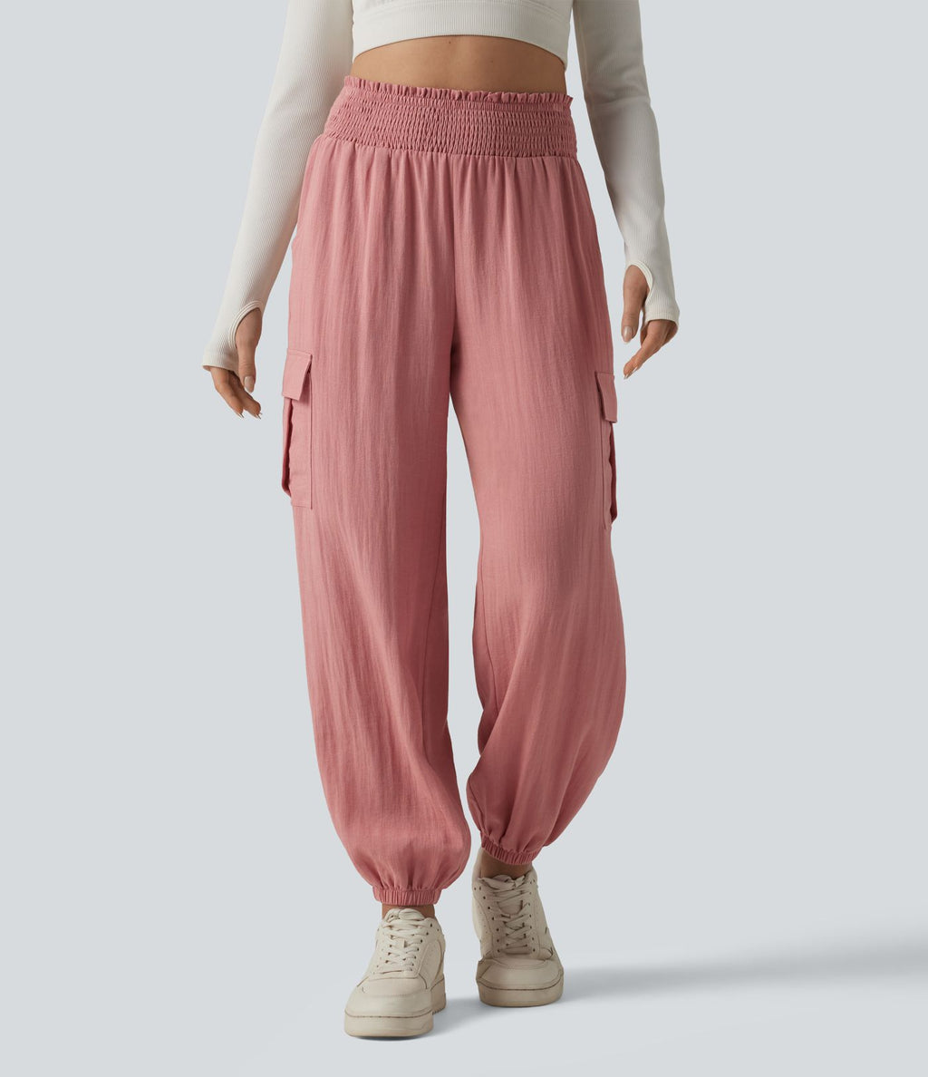 Pantalon cargo décontracté taille haute froncé, aspect lin, avec poches