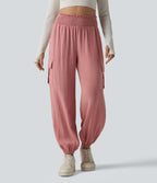 Pantalon cargo décontracté taille haute froncé, aspect lin, avec poches