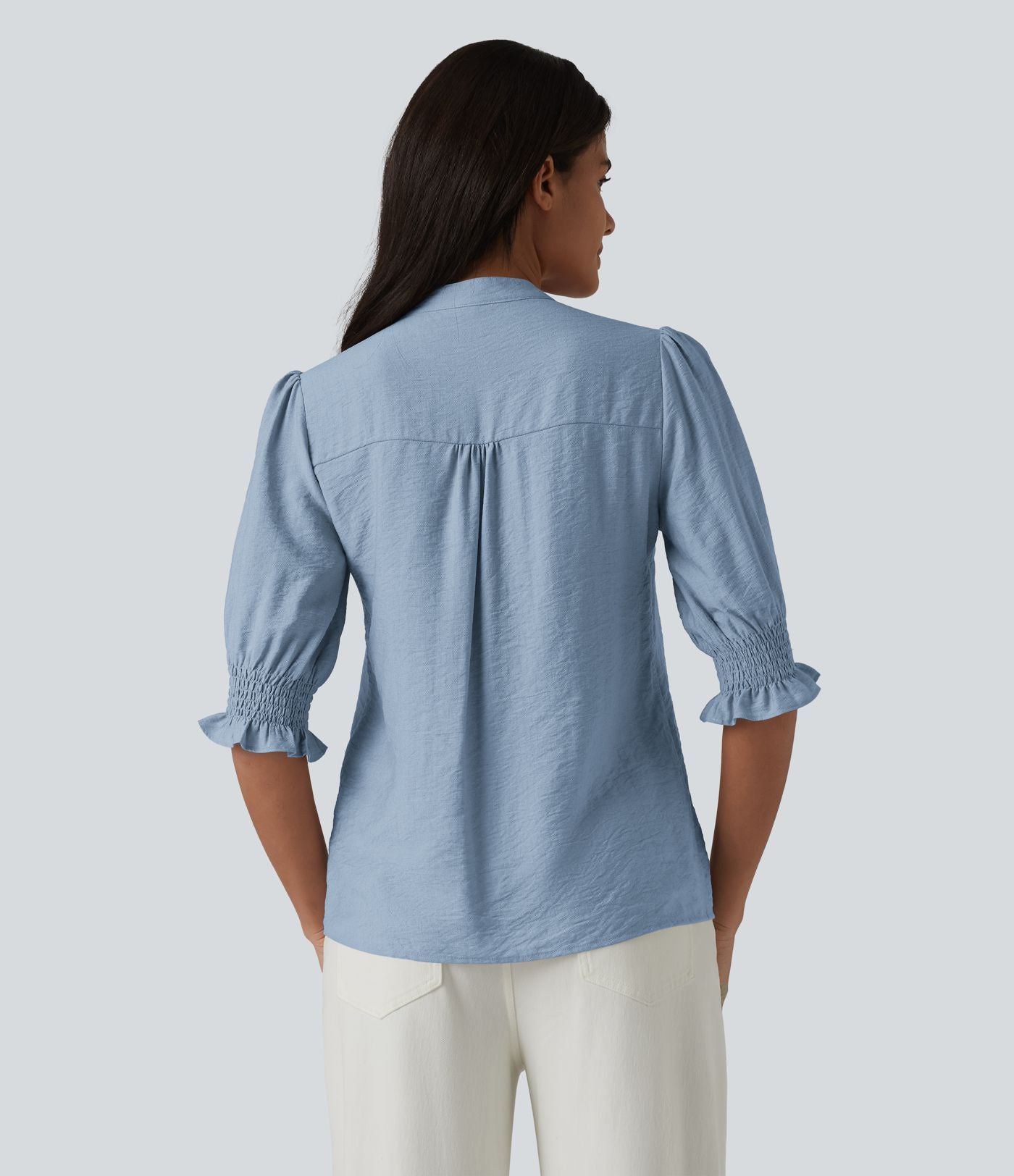 Blouse décontractée à col en V et manches courtes bouffantes