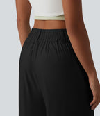 Pantalon large fluide casual en coton et lin taille haute avec poches