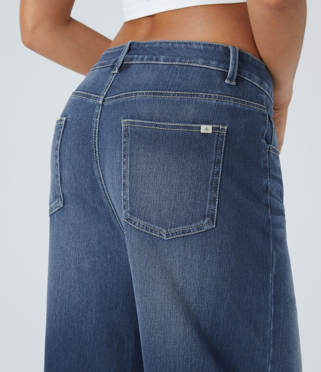 Jean Casual Halara Flex™ Taille Mi-Haute à Jambes Larges Tricot Extensible Lavé avec Poches Multiples