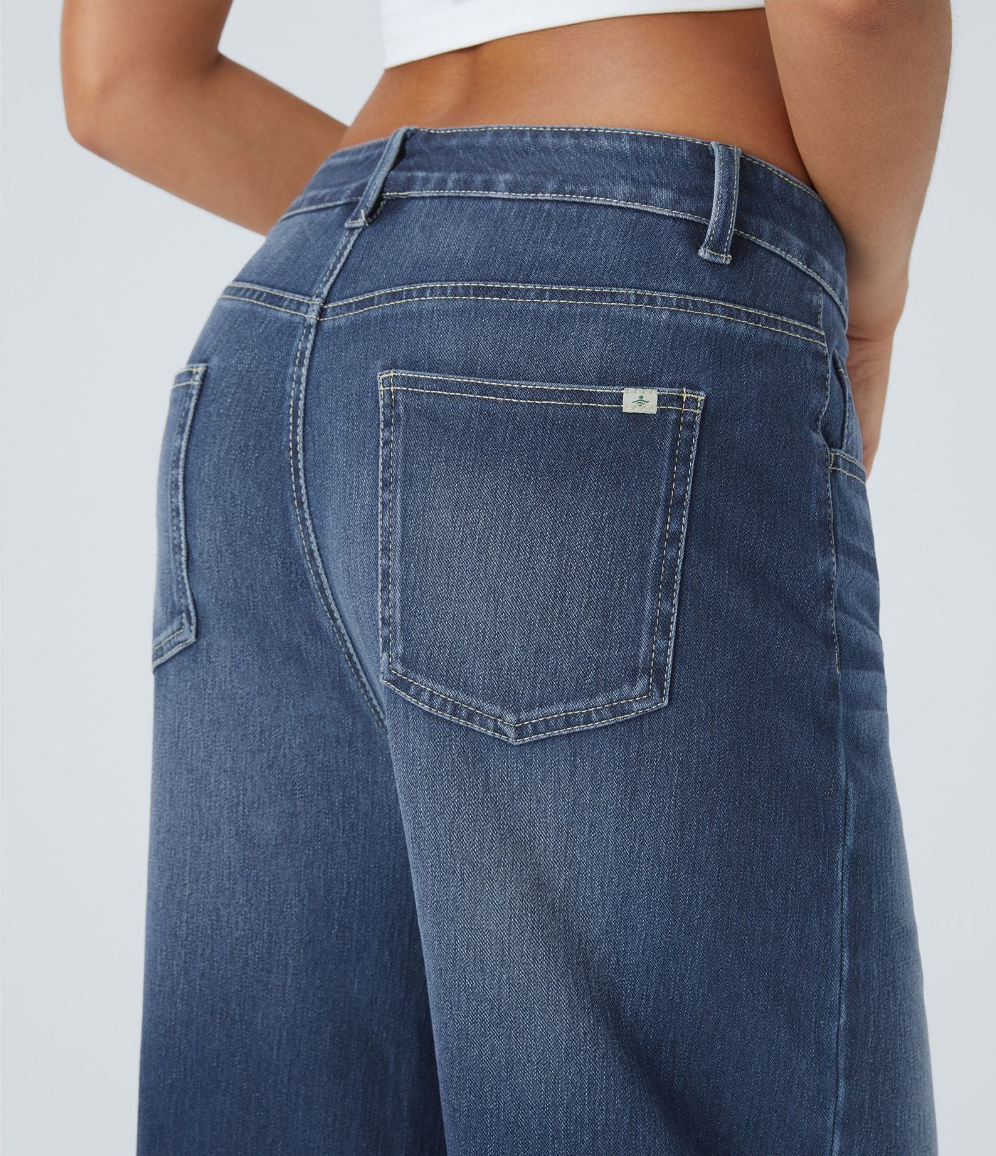 Jean Casual Halara Flex™ Taille Mi-Haute à Jambes Larges Tricot Extensible Lavé avec Poches Multiples