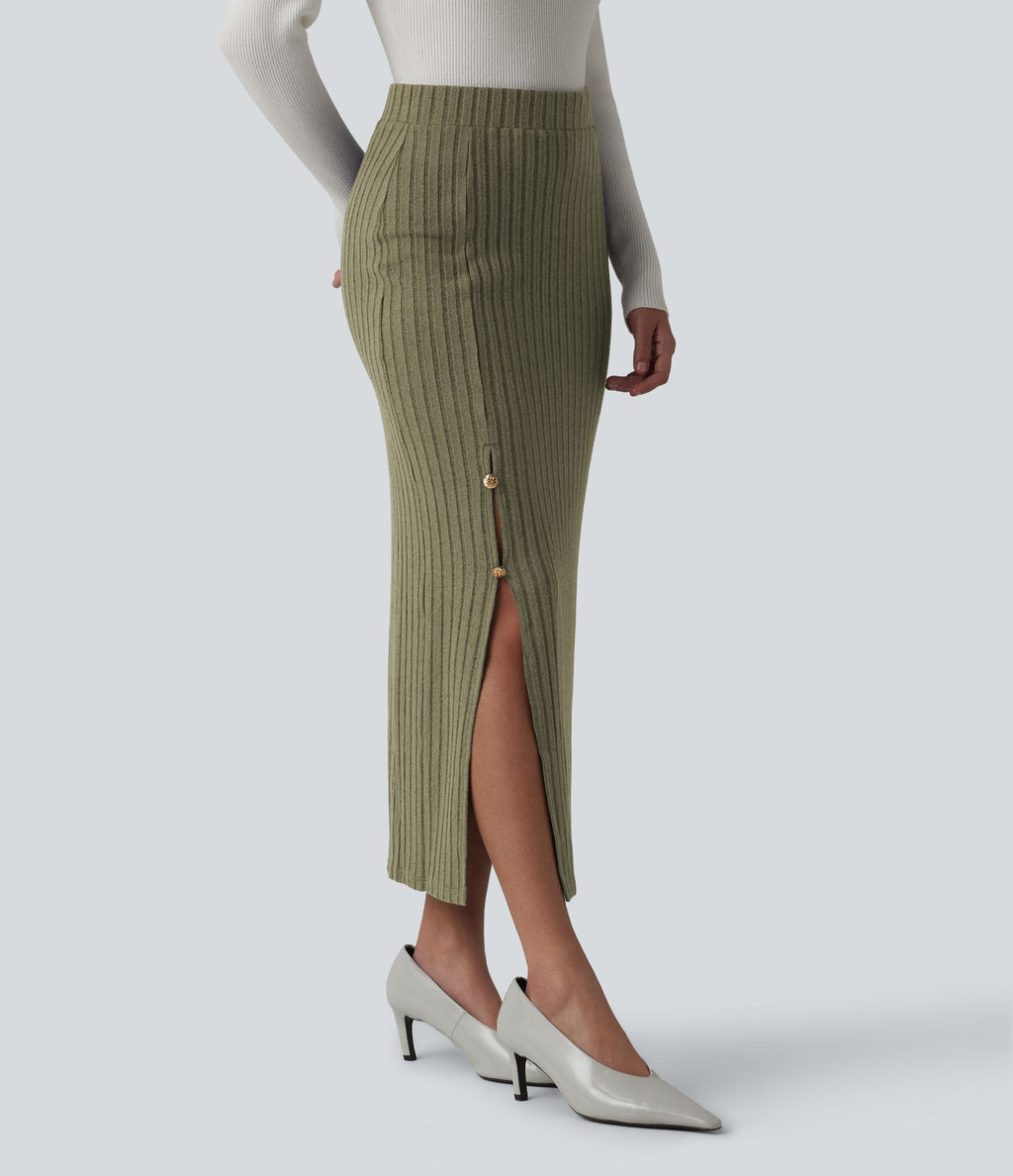 Jupe midi de bureau taille haute en maille côtelée