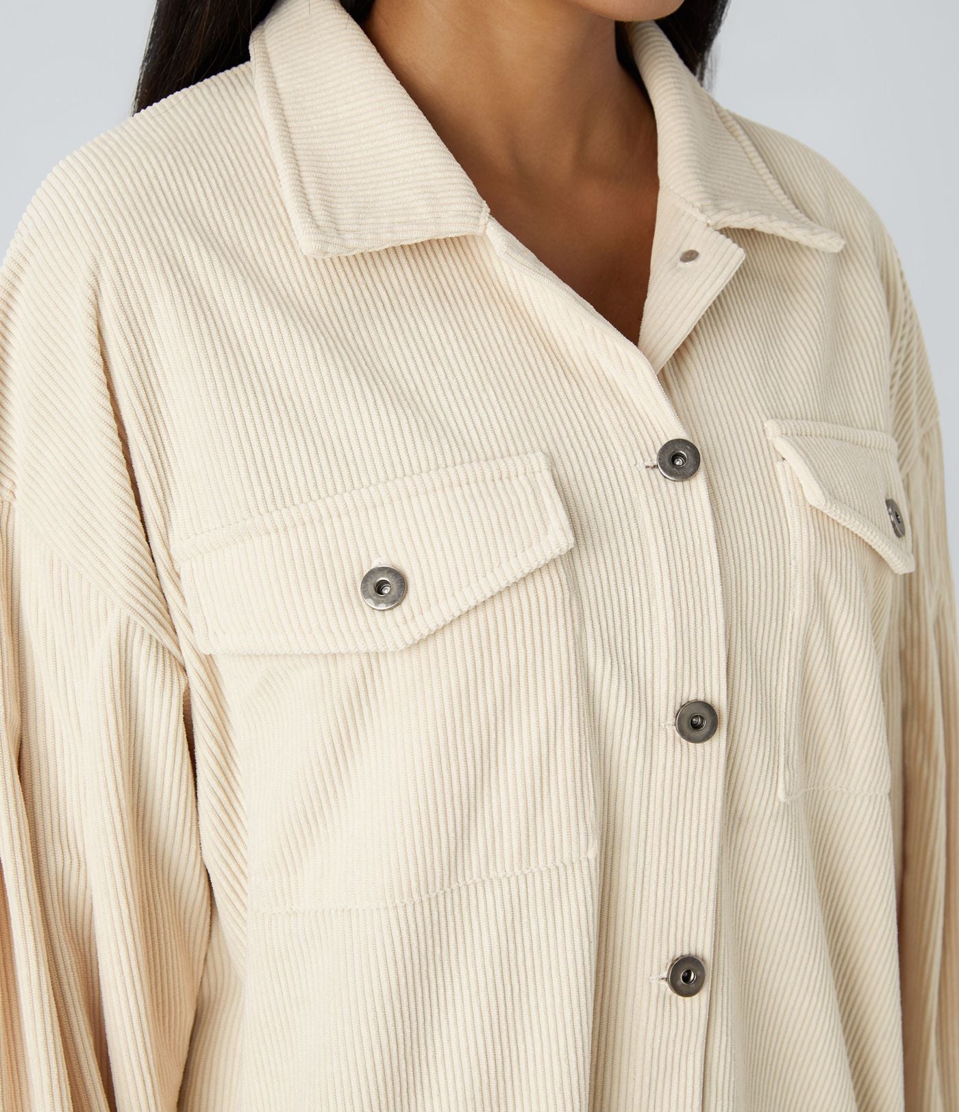 Veste Casual en Velours Côtelé à Col Boutonné Poches et Manches Longues Ourlet Courbé