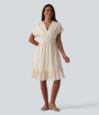 Robe décontractée mini col V manches courtes à rayures avec poches
