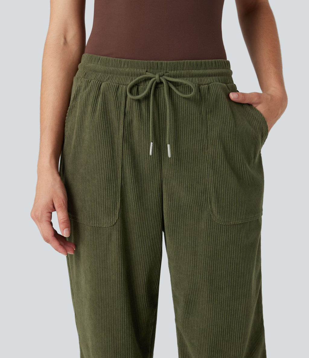 Pantalon décontracté fuselé en velours côtelé, taille mi-haute, cordon et poches