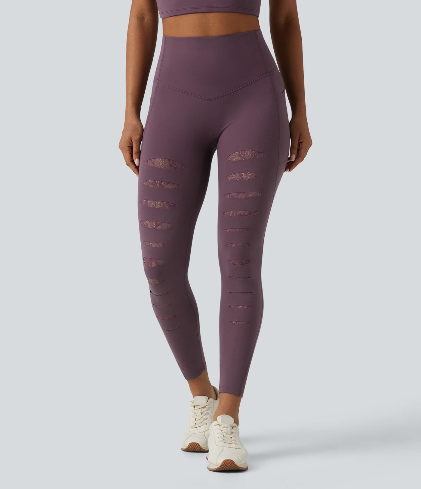 Legging de sport SoftlyZero™ taille haute avec empiècements en dentelle contrastée et poches – UPF 50+
