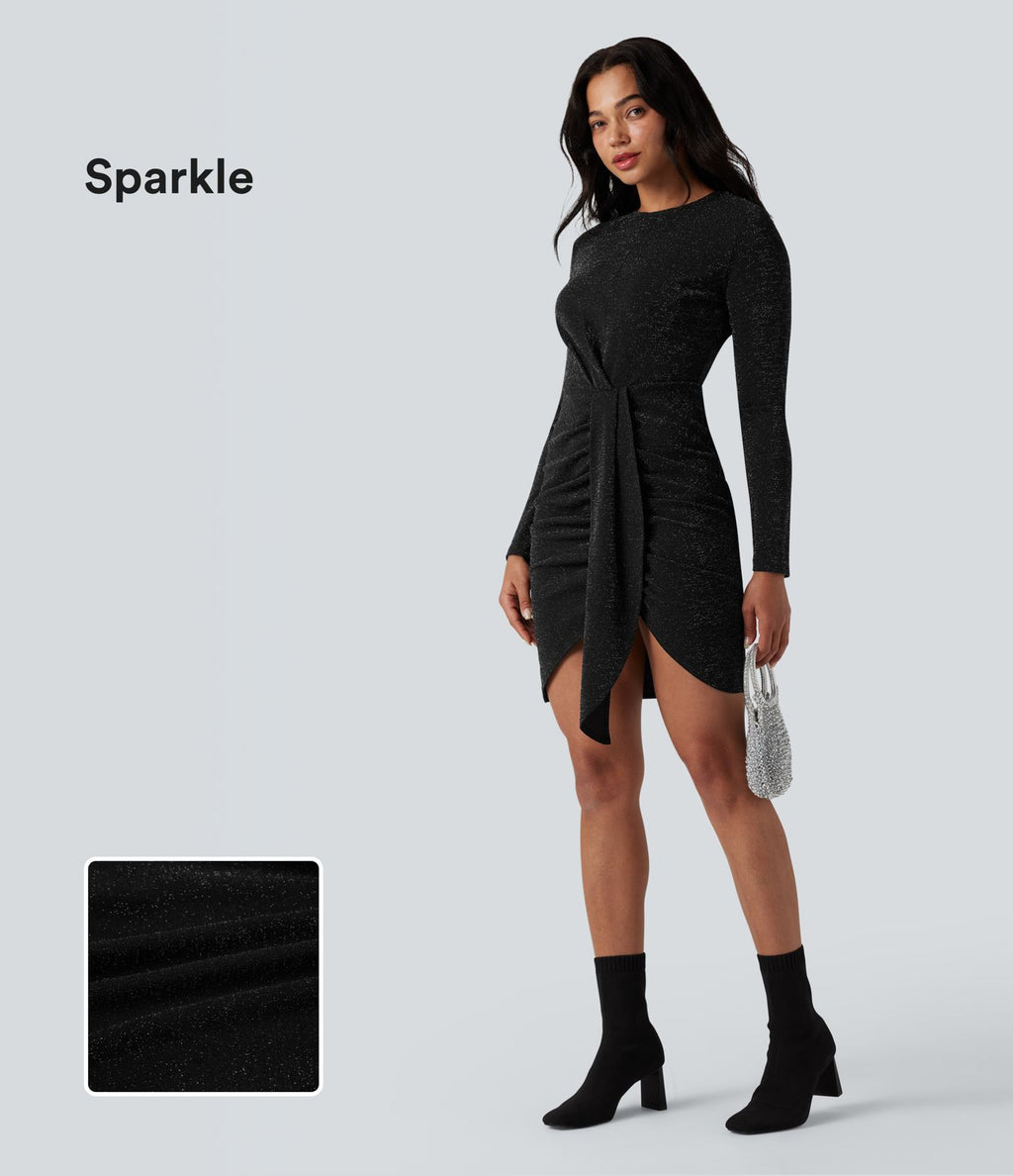 Robe mini manches longues, col rond, drapée, moulante, effet sparkle