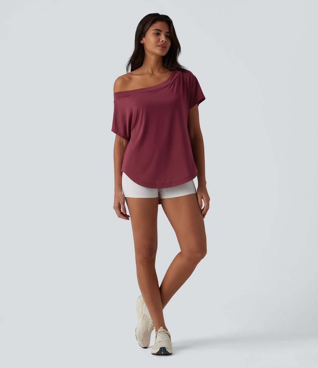 Top de sport yoga asymétrique à épaule dénudée manches courtes ourlet arrondi et coupe asymétrique à séchage rapide – Soutien-gorge intégré