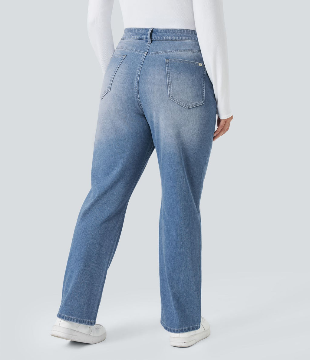 Jean décontracté Halara Flex™ grande taille, taille haute, multiples poches, jambes droites, effet délavé, en maille extensible