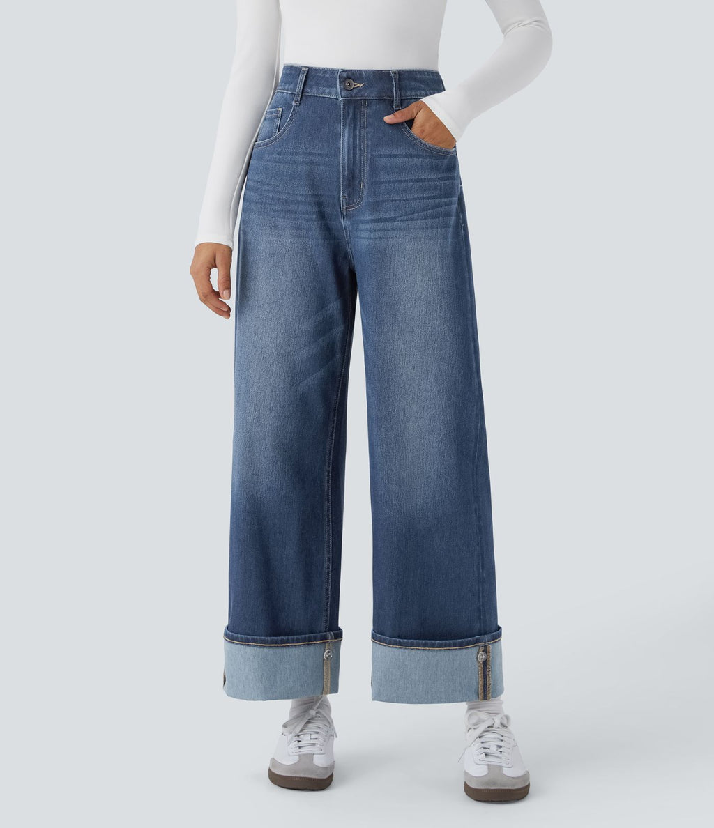 Jean décontracté Halara Flex™ taille haute jambes larges avec poches multiples et ourlet ajustable, en maille extensible effet délavé