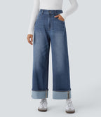 Jean décontracté Halara Flex™ taille haute jambes larges avec poches multiples et ourlet ajustable, en maille extensible effet délavé