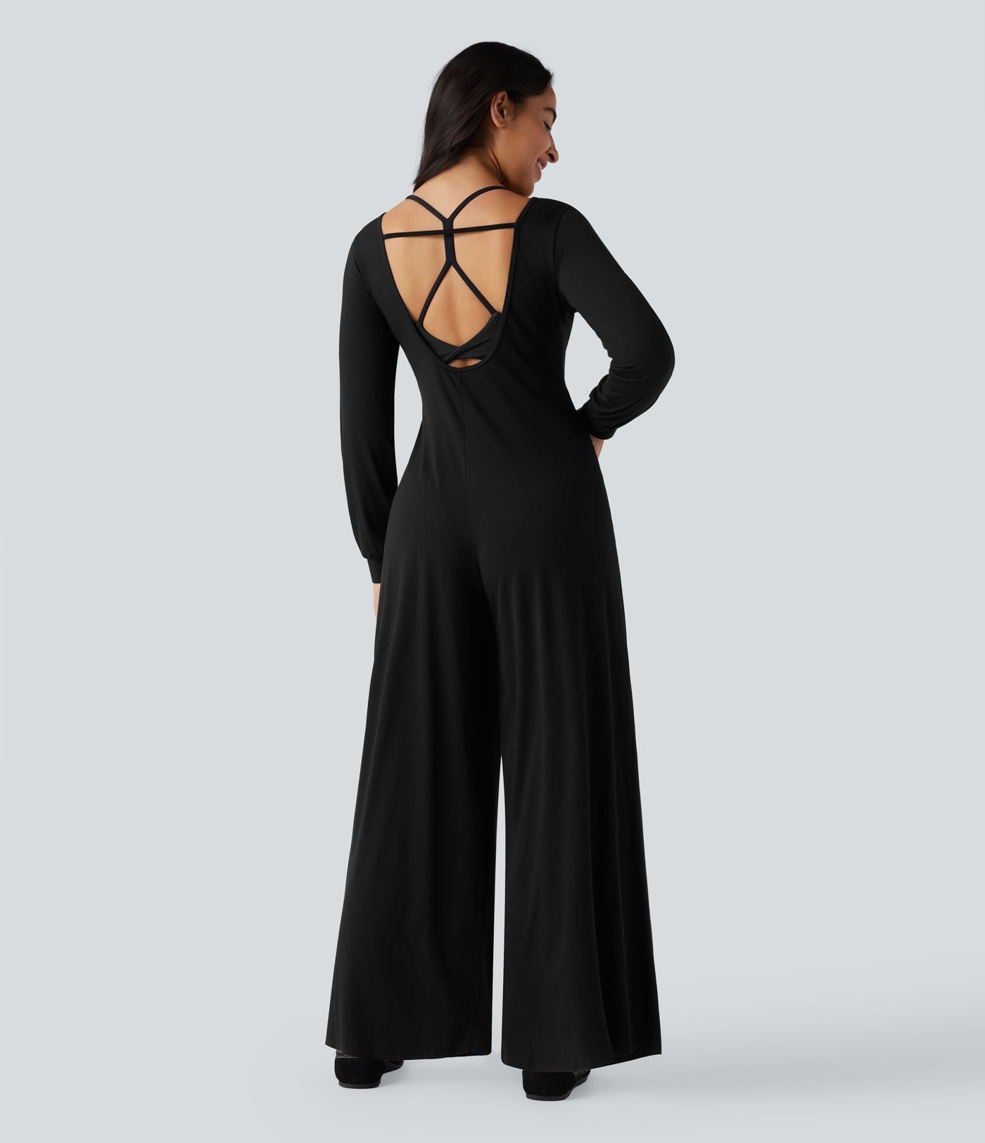 Combinaison-pantalon ample décontractée dos nu col rond à manches longues avec poches