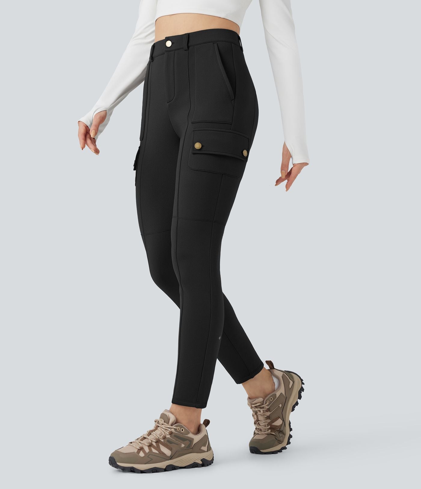 Pantalon cargo de randonnée ajusté polaire taille haute avec poches