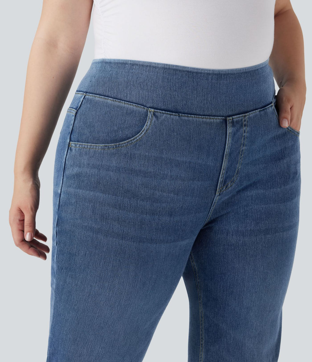 Jean décontracté Halara Flex™ grande taille bootcut taille haute en maille extensible délavée avec multiples poches