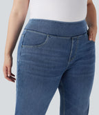 Jean décontracté Halara Flex™ grande taille bootcut taille haute en maille extensible délavée avec multiples poches