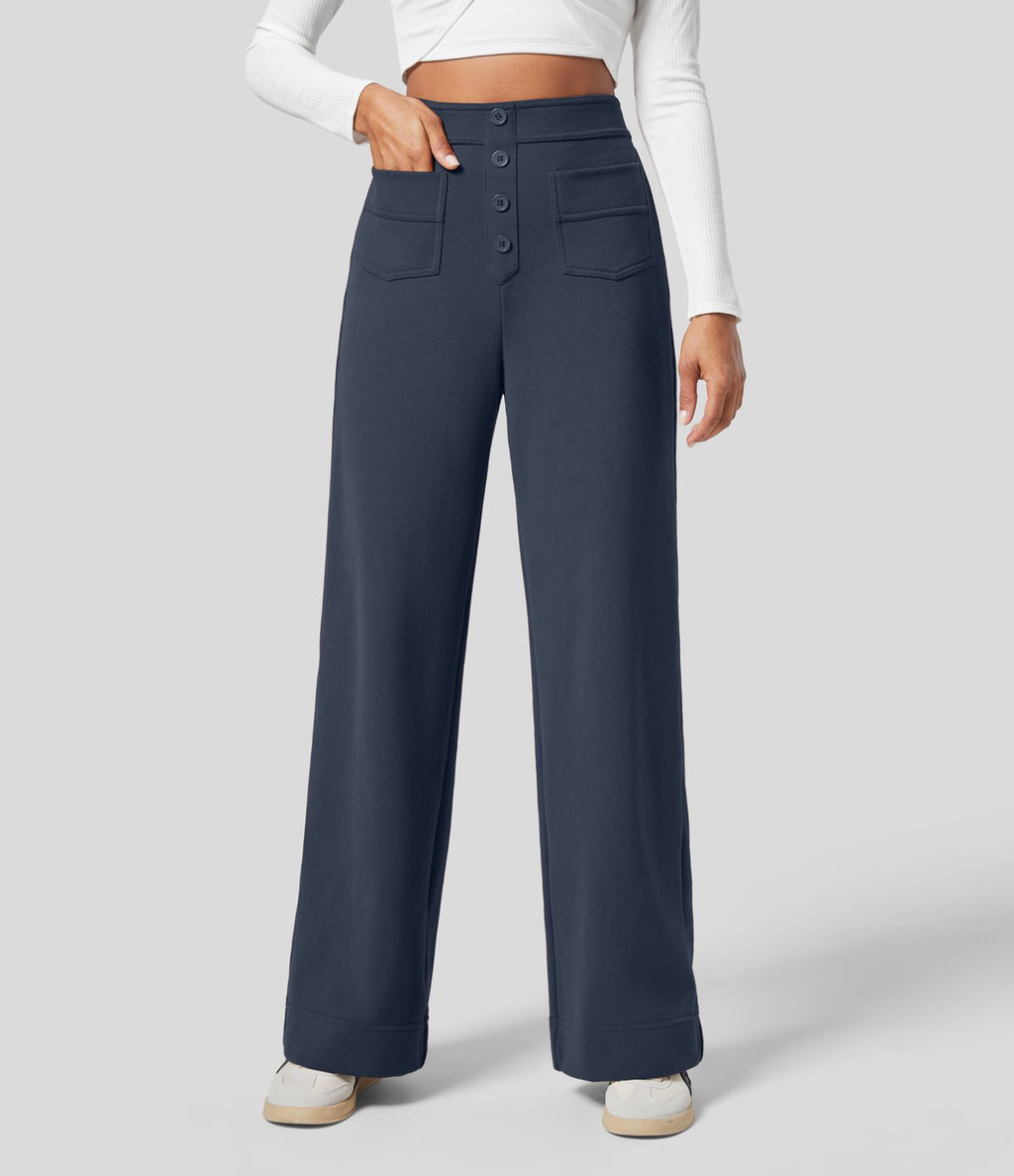 Pantalon Jogging en Fleece Thermique Jambe Droite Boutons Taille Haute Plusieurs Poches