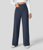 Pantalon Jogging en Fleece Thermique Jambe Droite Boutons Taille Haute Plusieurs Poches