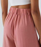 Bermuda Large Fluide Taille Haute avec Plis et Poches Latérales en Lin Synthétique