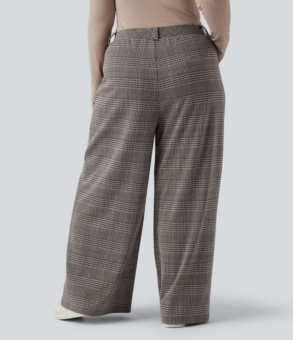 Pantalon décontracté grande taille large taille haute à carreaux pied-de-poule avec poches
